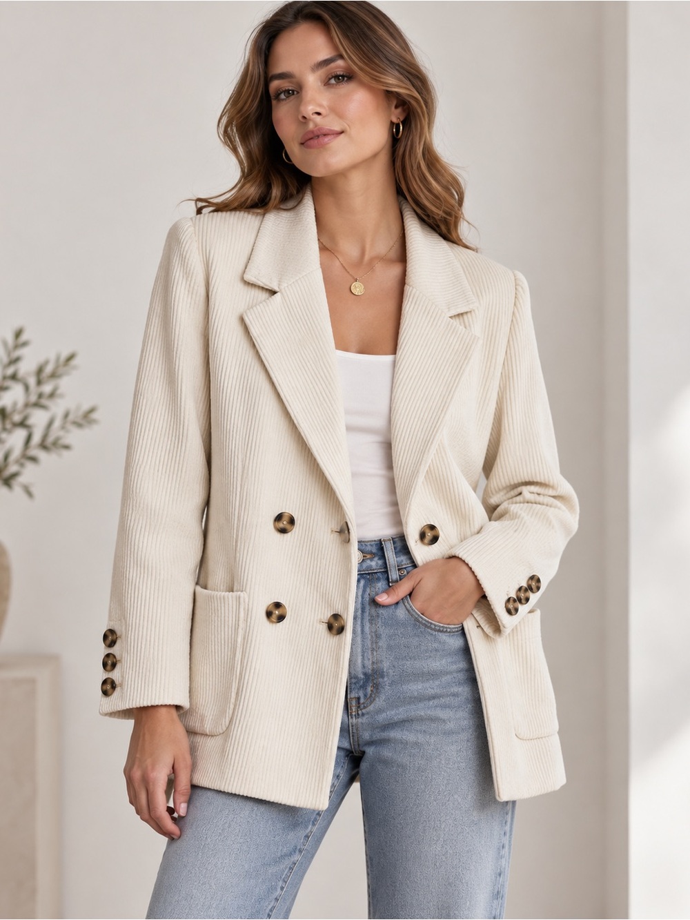 Cartonnier Anthropologie Cream Corduroy Double Breasted Blazer Jacket